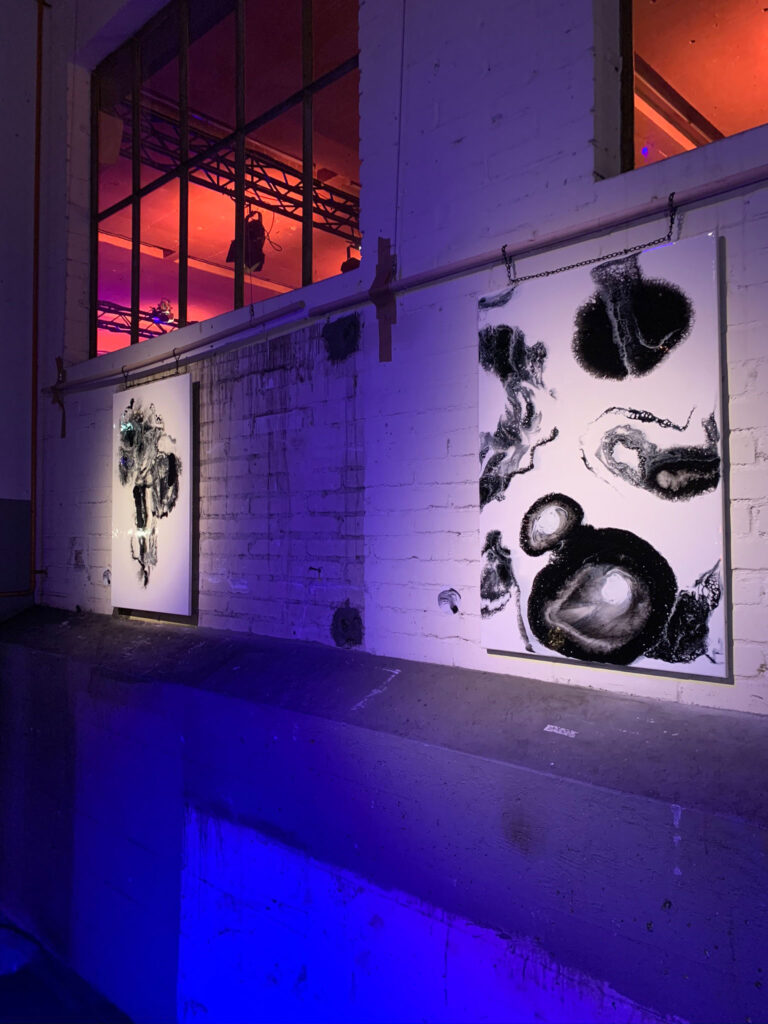 exhibition with black and white artwork