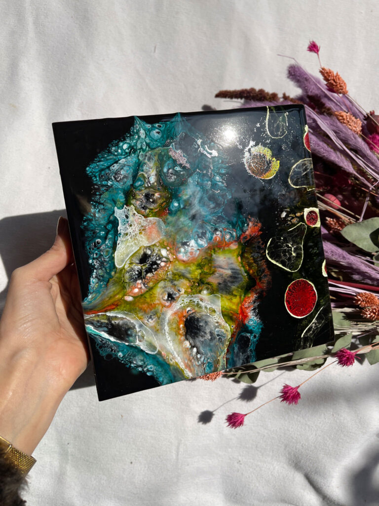 colorful artwork epoxy resin and alcohol ink