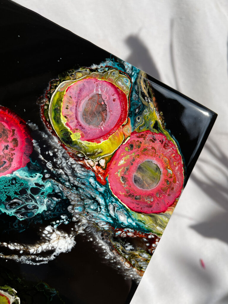 colorful artwork epoxy resin and alcohol ink